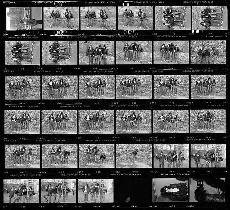 Ramones, contact sheet, New York City, 1976, photographed by Roberta Bayley.