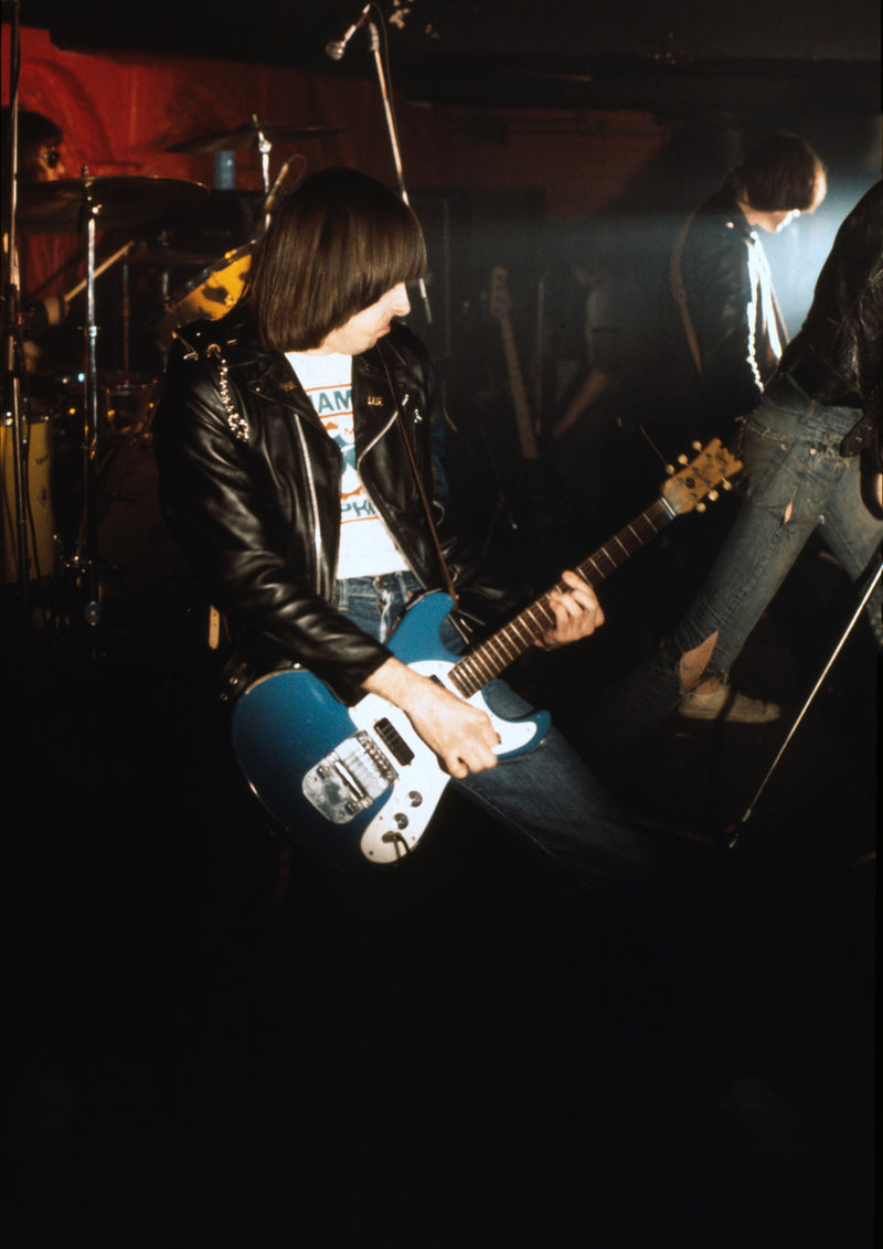 Johnny Ramone, Ramones guitarist, performing live in London, 1978. Wearing leather jacket, photographed by Ian Dickson.