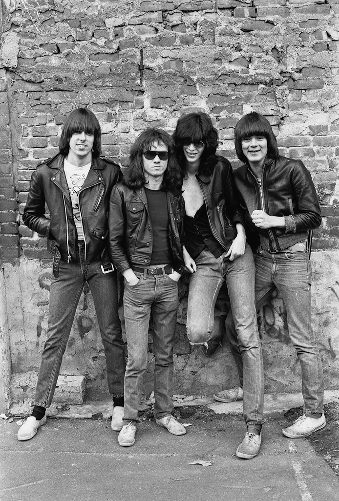 Smiling Ramones during the original 1976 album cover session, photographed by Roberta Bayley