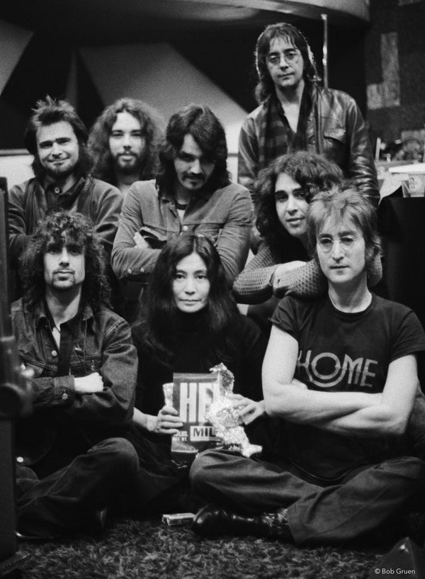 Yoko Ono and John Lennon with band. Record Plant, NYC, 1972