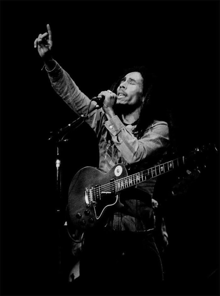 Bob Marley Performing Live, 1978, photographed by Patrick Harbron.
