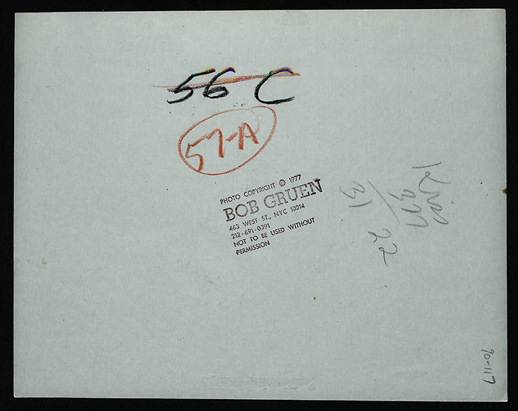 Reverse of the original vintage gelatin silver photograph of Kiss, Japan, 1977, showing the Bob Gruen copyright stamp, period archive markings, and handwritten inventory annotations.