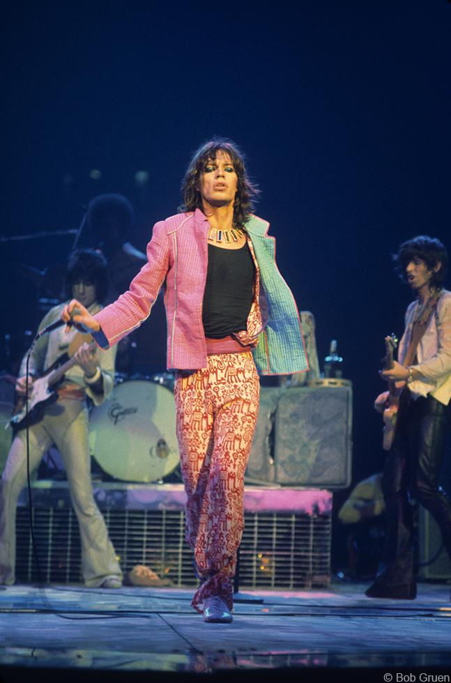 Mick Jagger performing at Madison Square Garden, New York City, 1975, photographed by Bob Gruen.