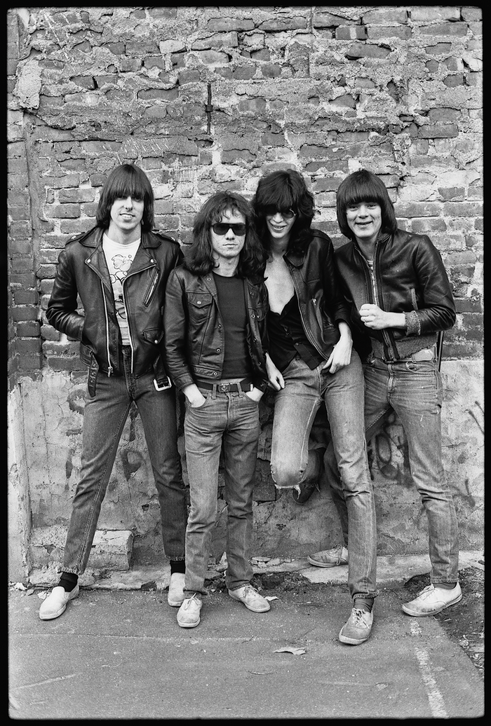 Smiling Ramones during the original 1976 album cover session, photographed by Roberta Bayley