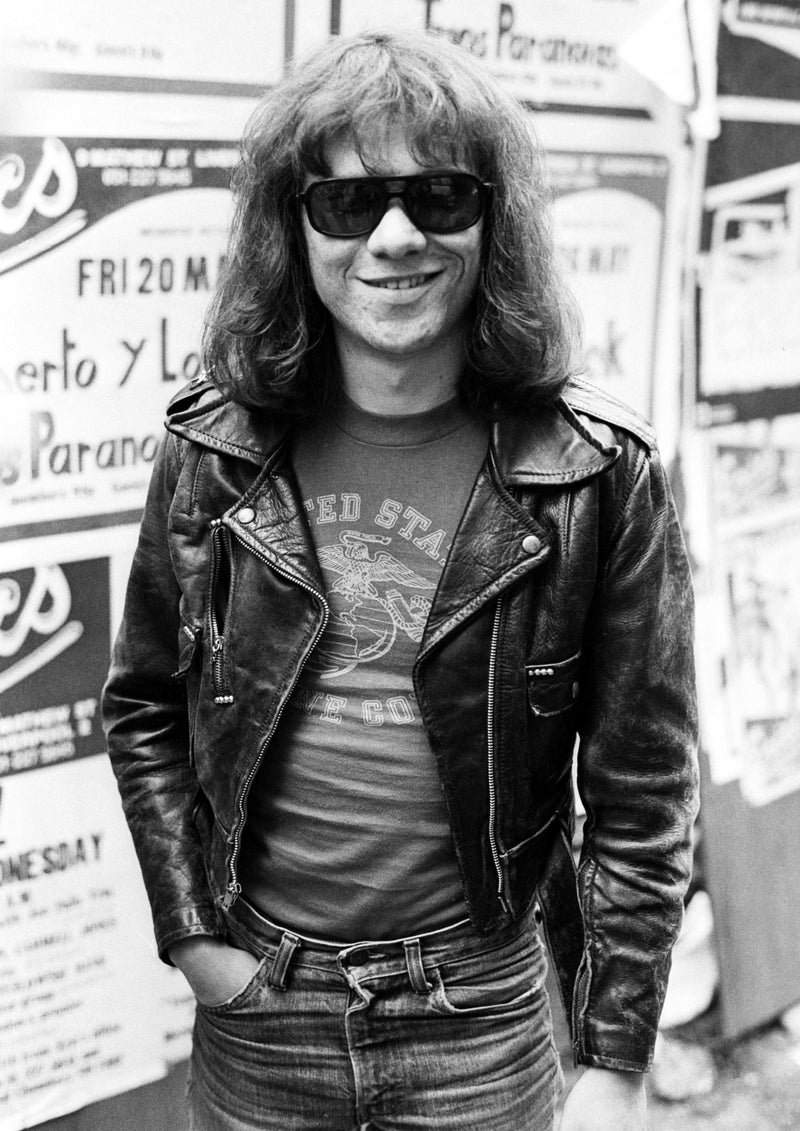 Tommy Ramone of the Ramones wearing a leather jacket and sunglasses, Liverpool, 1977, photographed by Ian Dickson.